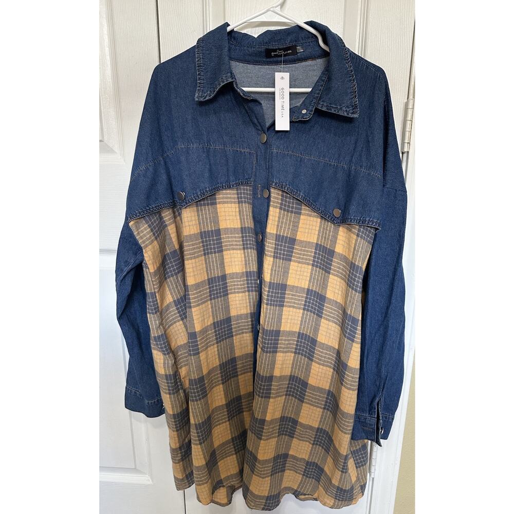 Denim Flannel Shirt Dress Plaid Long Sleeve Button Tunic Cotton Plus Sz 2XL